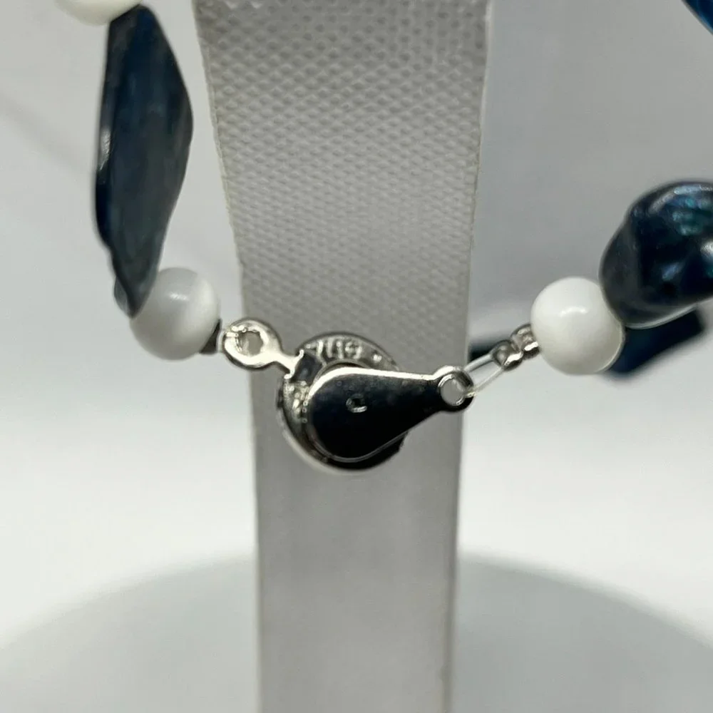 Teng Yue Fresh Water‎ Pearls Blue Mother of Pearl 3 Layer Silver Tone Necklace